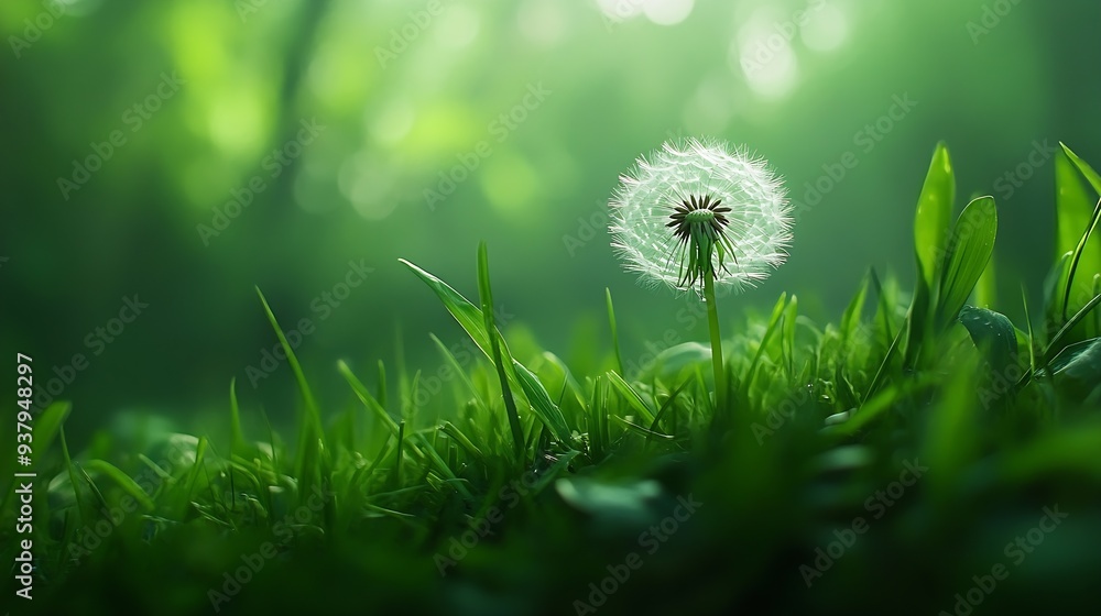 Leinwandbilder White dandelion in a green grass on a forest meadow Macro image shallow depth of field Abstract summer nature background : Generative AI