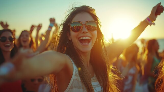 Joyful young women dance at summer beach festival friends enjoy live music sunset vibes Group in casual wear party have fun in crowd near stage sunny day Female fans celebrate outdoor  : Generative AI