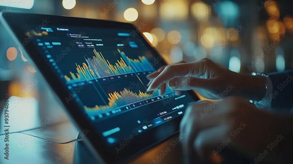 Poster business team using tablet and laptop analyzing sales data economic growth graph chart business plan