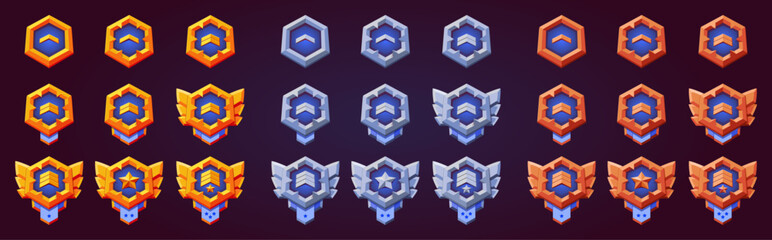 Game level up achievement rank collection. Vector flat metallic gold, silver, bronze emblem for progress and award. Progress insignia, victory, award, conquest. Fantasy, rpg game.