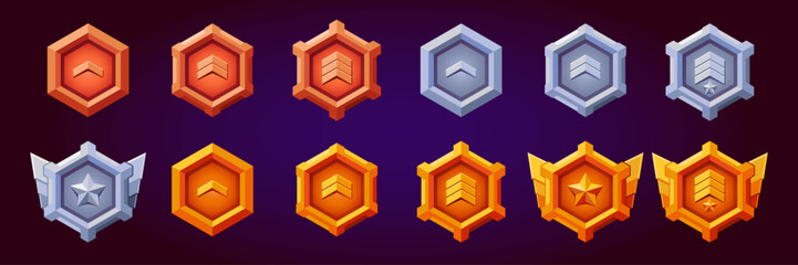 Level game rank badges set. 12 Realistic vector of silver, bronze, gold hexagon with level progress symbol. Realistic flat design. Metallic style. Progress and awards.