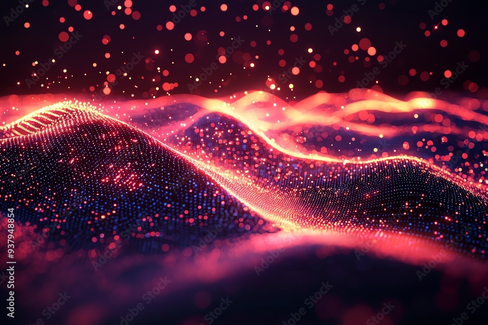 Poster vibrant abstract landscape featuring glowing particles in a wave-like formation, creating a dynamic 