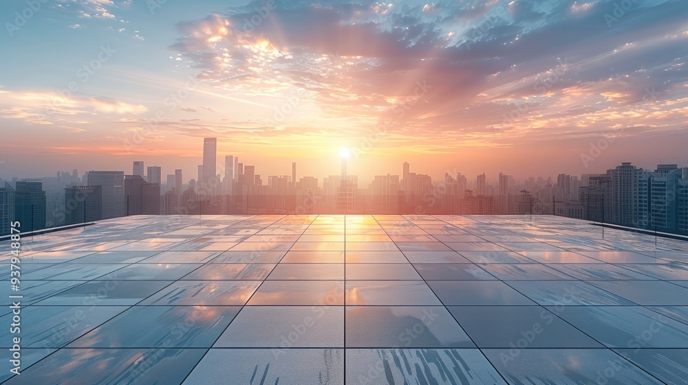 Poster empty square floor with city skyline background, digital innovation hub establishment, dawn, elevate