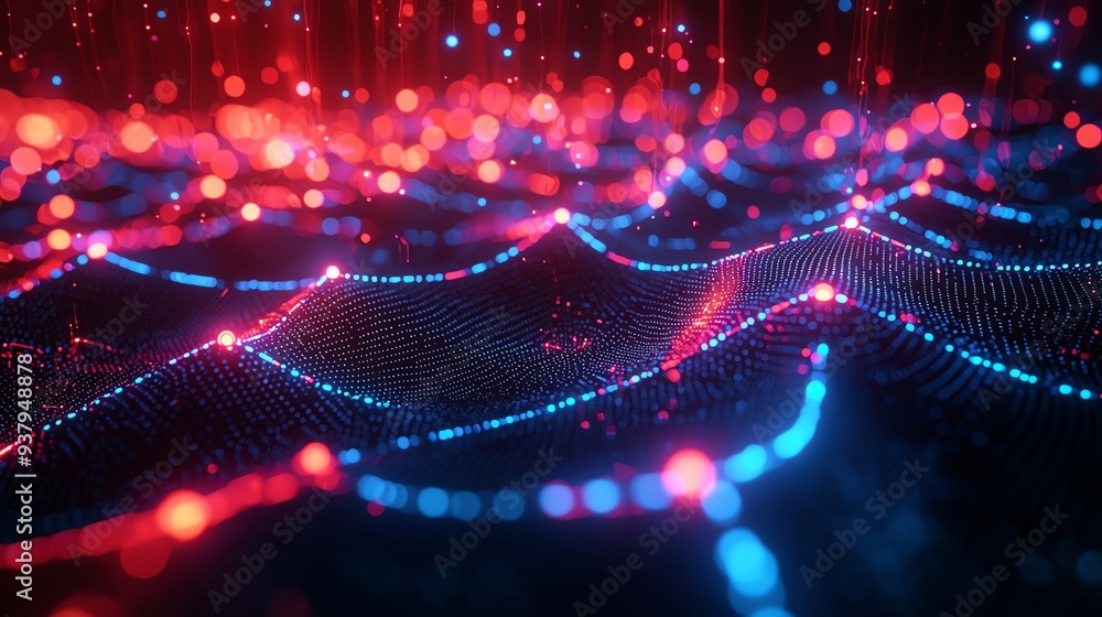 Poster vibrant abstract design featuring glowing dots and waves in red and blue tones, ideal for tech and d