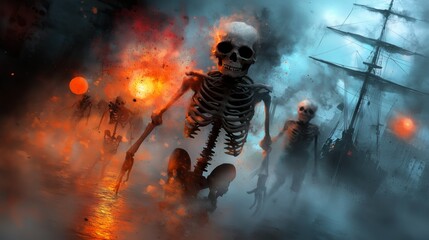 Fototapeta premium Skeletons Walking On Water With Sunsets And A Ghost Ship