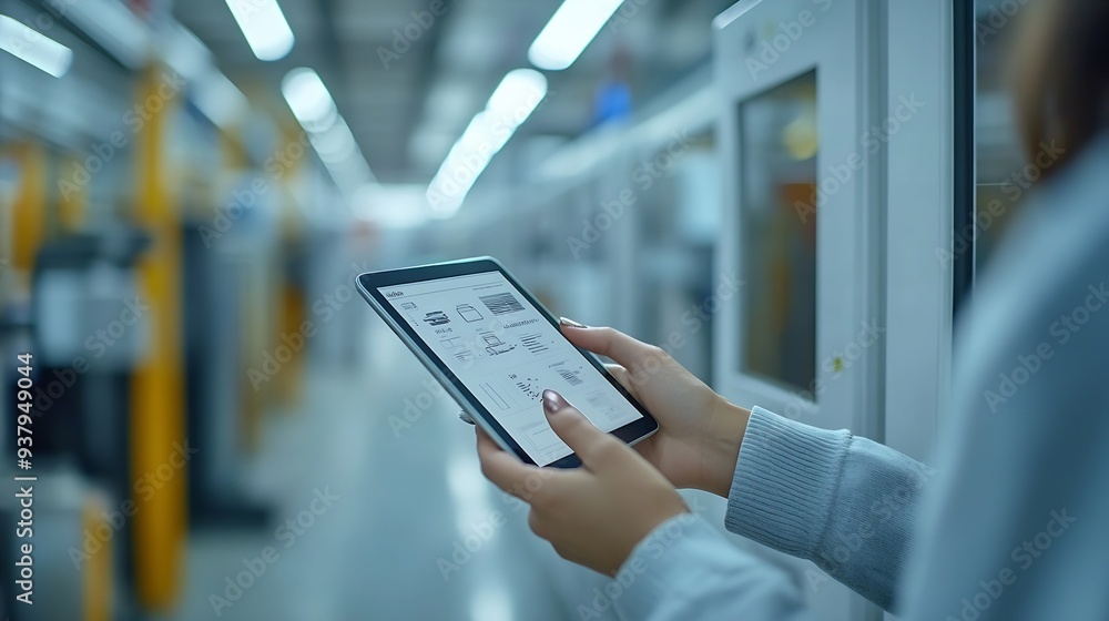 Poster smart industry control concepthands holding tablet on blurred automation machine as background : gen