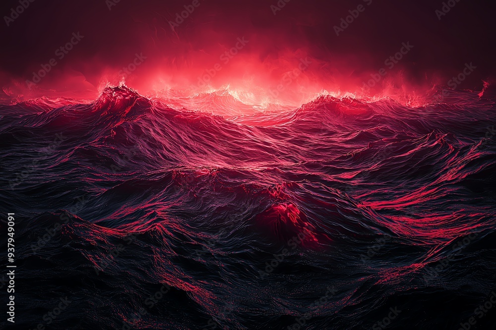 Poster vibrant red waves crashing dramatically under a dark sky, creating a mesmerizing yet ominous atmosph