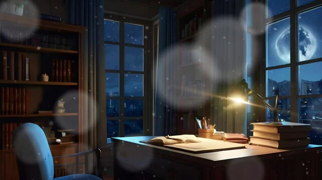 A study table next to the window with a quiet and comfortable night view. Seamless 4K looping timelapse video animation background