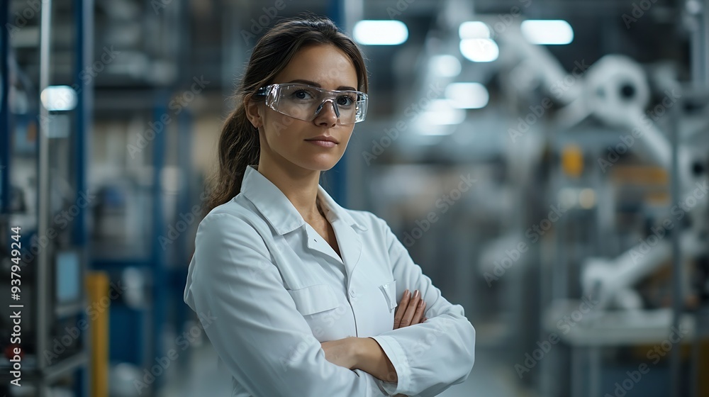 Leinwandbilder Female project manager standing in modern industrial factory Manufacturing facility with robotics robotic arms and automation Storing products and materials in warehouse : Generative AI