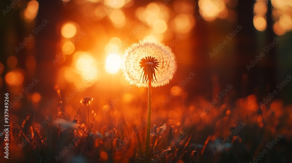Aufkleber Big white dandelion in a forest at sunset Macro image shallow depth of field Abstract summer nature background : Generative AI