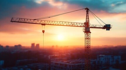 New construction site with crane and mechanical equipments on sunset daylight background construction industry : Generative AI