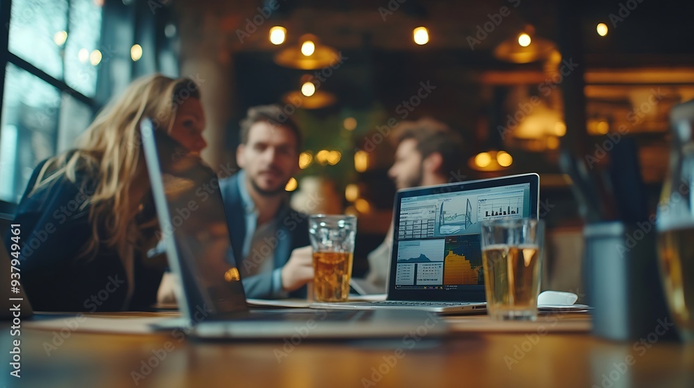 Leinwandbilder Brainstorming laptop and business people in meeting planning and connection with internet budget and finance Accounting group and employees with computer investment and trading with on : Generative AI