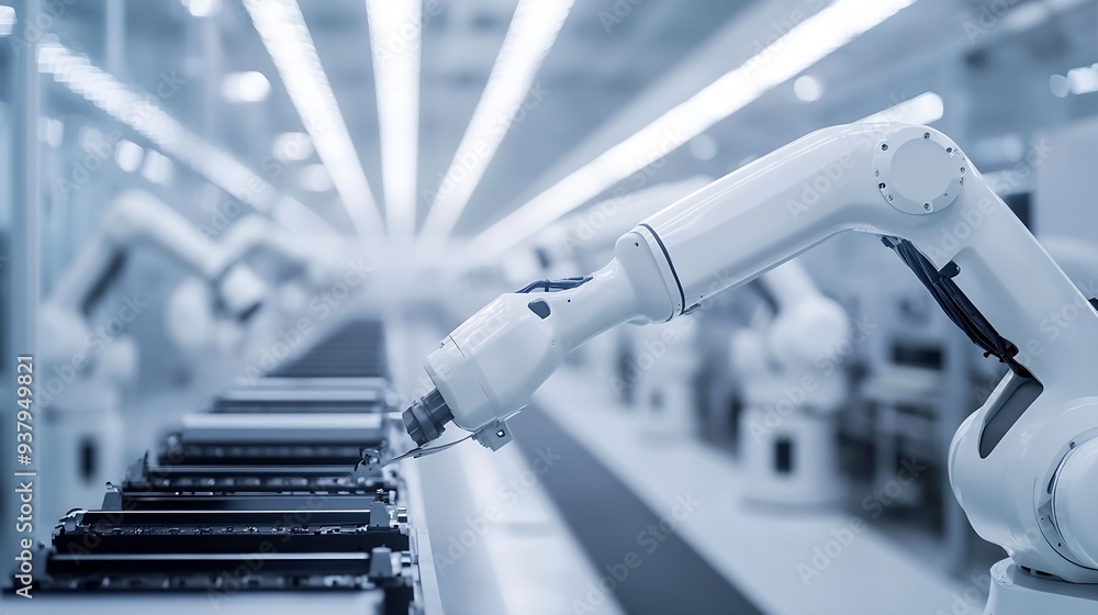 Aufkleber row of white robotic arms at modern factory lithiumion ev battery pack production at automated assem