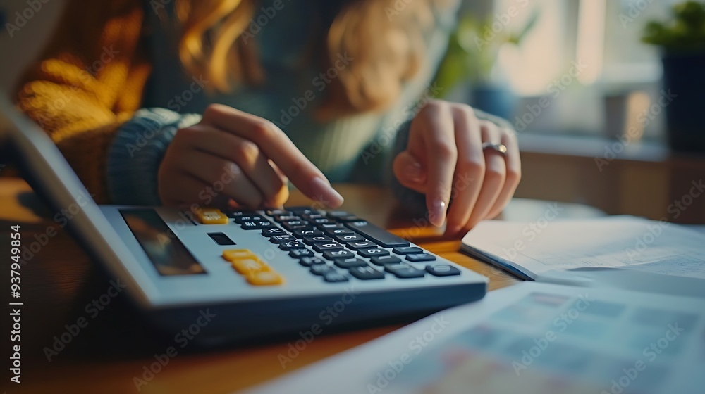 Aufkleber doing finance budgeting and tax calculation close up woman hand using calculator to calculate home f