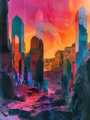 Stunning abstract landscape featuring colorful crystal formations against a vibrant sunset sky in a surreal, dreamlike setting.