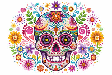 Flat Glowing Sugar Skull with Digital Floral Patterns concept as A digital composition featuring a glowing sugar skull surrounded by intricate floral patterns in an abstract style representing the bea