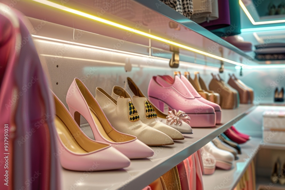 Poster A row of shoes displayed on a shelf in a store, perfect for retail and commerce images