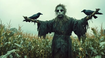 Fototapeta premium Crows and Scarecrow in Eerie Field