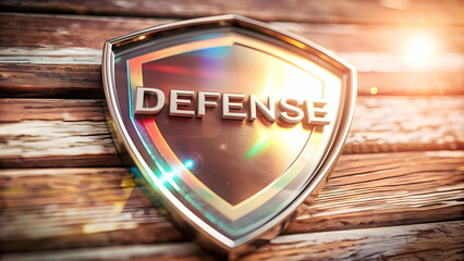 Flat Holographic Arrow and Shield with Defense Text concept as A bold photo featuring a glowing holographic arrow and shield symbolizing the defense against evil during Dussehra. The design includes a