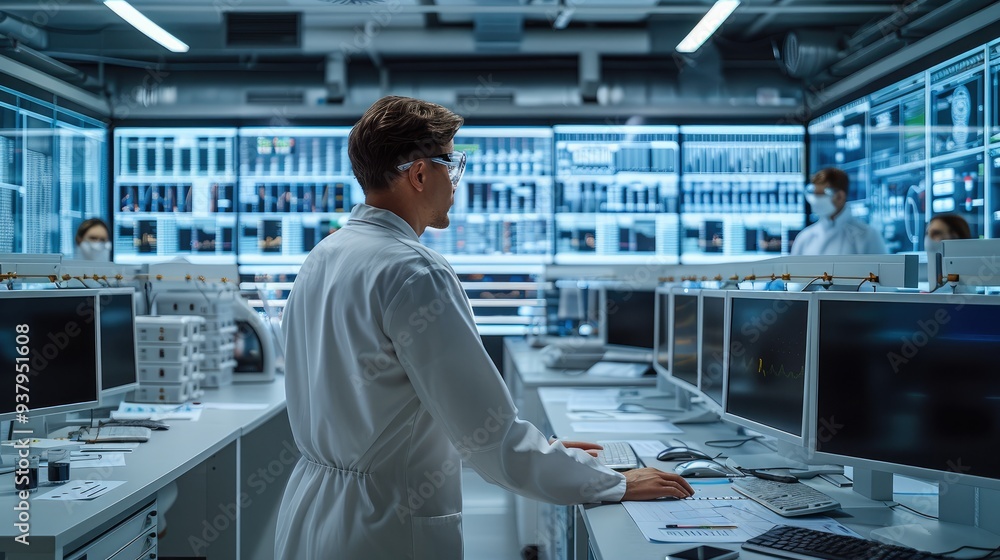 Poster A Researcher working in huge laboratory where scientific tables and counters are hung with symbols of data, algorithms and research tools, In the background there are large computer screens.