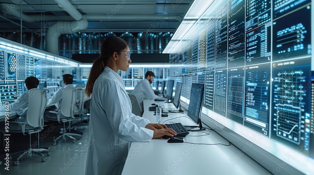 Poster A Researcher working in huge laboratory where scientific tables and counters are hung with symbols of data, algorithms and research tools, In the background there are large computer screens.