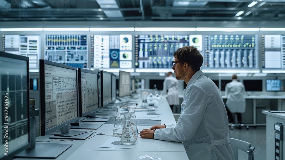 Aufkleber A Researcher working in huge laboratory where scientific tables and counters are hung with symbols of data, algorithms and research tools, In the background there are large computer screens.