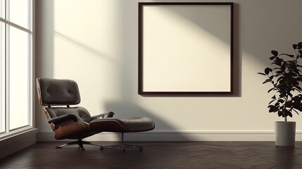 Modern Lounge Chair and Blank Picture Frame: Perfect as a Stylish Poster for Contemporary Interiors with Creamy Walls and Dark Wooden Flooring