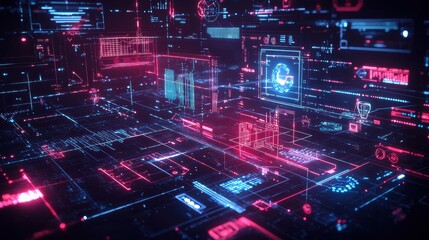 A cyber defense network visualized with AI-driven firewalls and real-time threat analysis displayed as 3D holograms, showcasing advanced cybersecurity technology.

