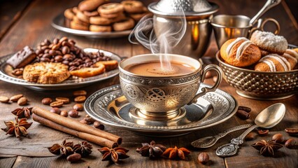 Fototapeta premium Elegant coffee setup featuring ornate silverware, delicate china, and a steaming cup of gourmet coffee, surrounded by fresh pastries and exotic spices.