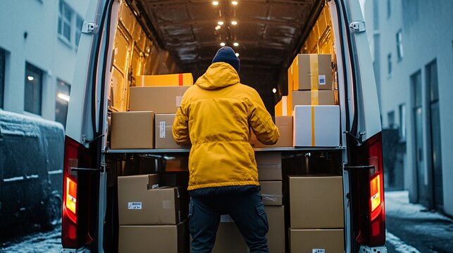 Delivery person organizing packages in the back of a van