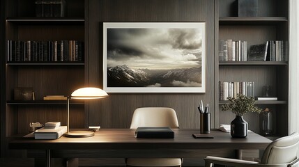 Transform Your Space: A Chic Desk Setup with Elegant Lamp & Inspirational Books - Perfect Wall Art Poster for a Stylish Home Office or Productive Workspace!