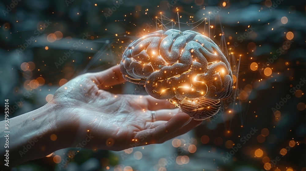 Aufkleber hand pointing at glowing digital brain. artificial intelligence and future concept. generative ai.