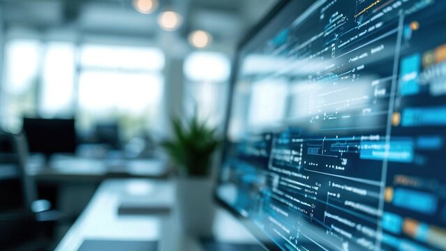 Close-up of a computer screen with code displayed on it, in a modern office setting.