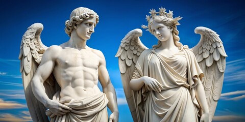 Obraz premium Elegant marble statues of Cupid and a goddess, adorned with intricate details, stand against a serene blue backdrop, evoking ancient Greek and Roman mythology's timeless beauty.