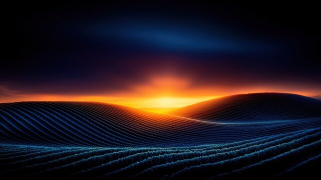 Light breaking through the clouds over a rolling vineyard at sunset