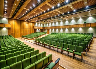 Obraz premium Empty seats in a modern auditorium await an audience, rows of green chairs stretching towards the stage, bathed in soft, natural light.