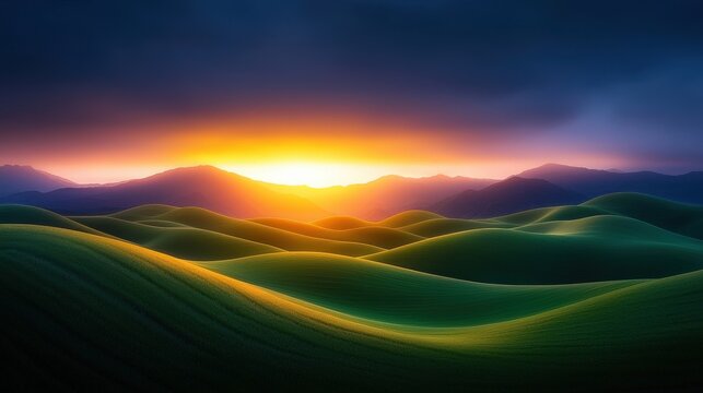 Light breaking through the clouds over a rolling vineyard at sunset