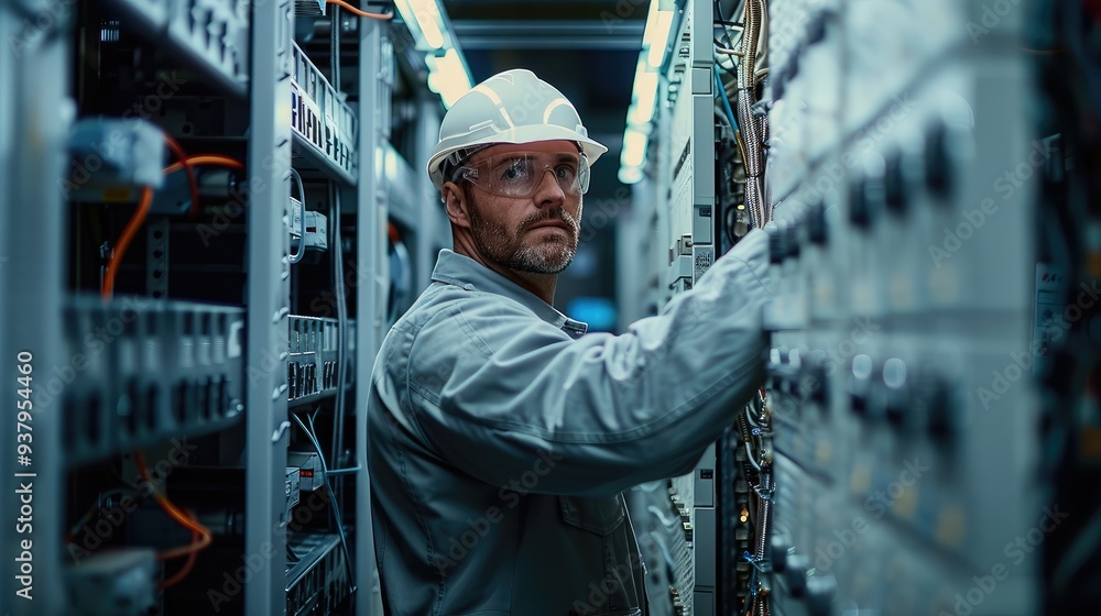 Poster A technician in the process of installing a backup power system. Generative AI.