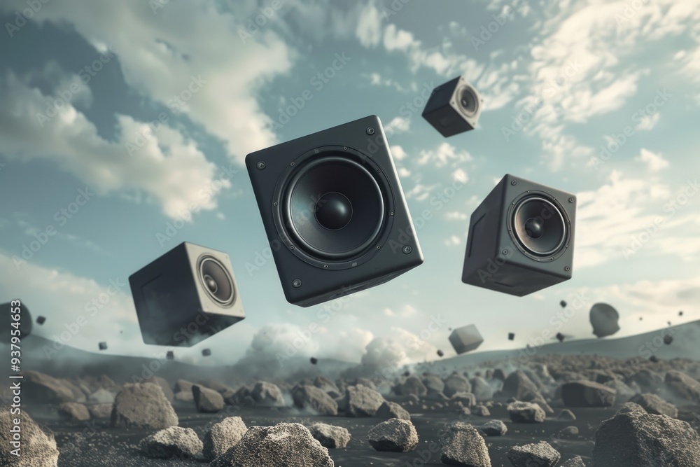 Poster a group of wireless speakers suspended in the air, ideal for use as a creative illustration or metap