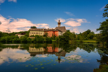 Panoramic view of Höglwörth Monastery in Bavaria, Germany.