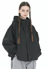 Young Woman in Fashionable Oversized Jacket with Braided Hair Style