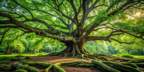 Naklejka premium Felled trunk of ancient tree lies serenely surrounded by sprawling branches adorned with lush green leaves, evoking a sense of nature's cyclical beauty.