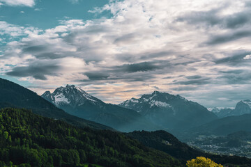 Panoramic view of the mountains in Berchtesgadener Land in Bavaria, Germany.