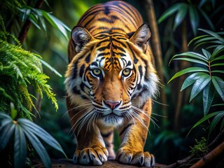 Fototapeta premium Fierce tiger's intense gaze fixes on prey, muscles coiled and claws extended, ready to pounce in a burst of powerful, predatory fury in dense jungle undergrowth.