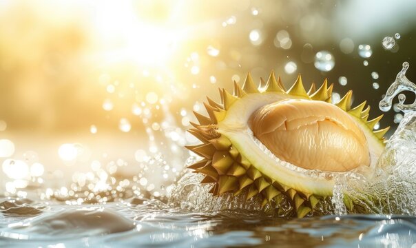 Golden sunlight illuminating a durian slice splashing in water on a bokeh background. Summer Vibe