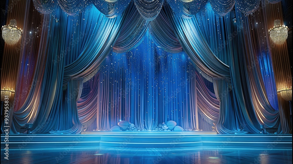 Poster an exquisite auditorium stage decorated with fine fabrics and sparkling diamonds. generative ai.