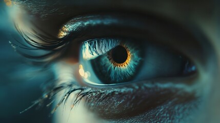 Fototapeta premium A close-up of a human eye with long eyelashes and a green iris with a dark pupil.