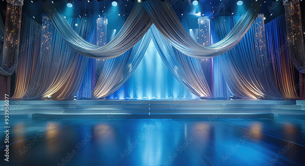 Poster an exquisite auditorium stage decorated with fine fabrics and sparkling diamonds. generative ai.