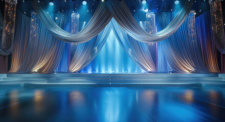 An exquisite auditorium stage decorated with fine fabrics and sparkling diamonds. Generative AI.