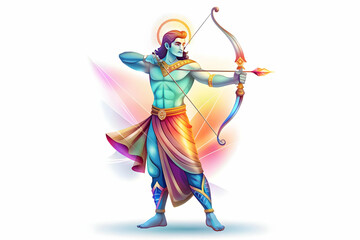 Flat Holographic Rama and Arrow with Justice Text concept as A bold photo featuring a glowing holographic image of Rama with an arrow symbolizing justice and the victory of good over evil. The design 